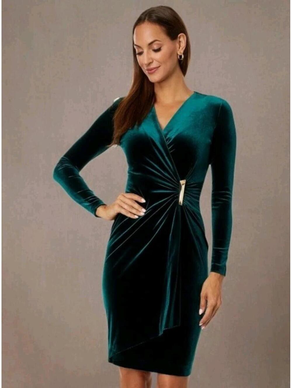 CALVIN KLEIN VELVET WRAP LONG SLEEVE SHEATH DRESS, GREEN , SIZE 10 NWOT